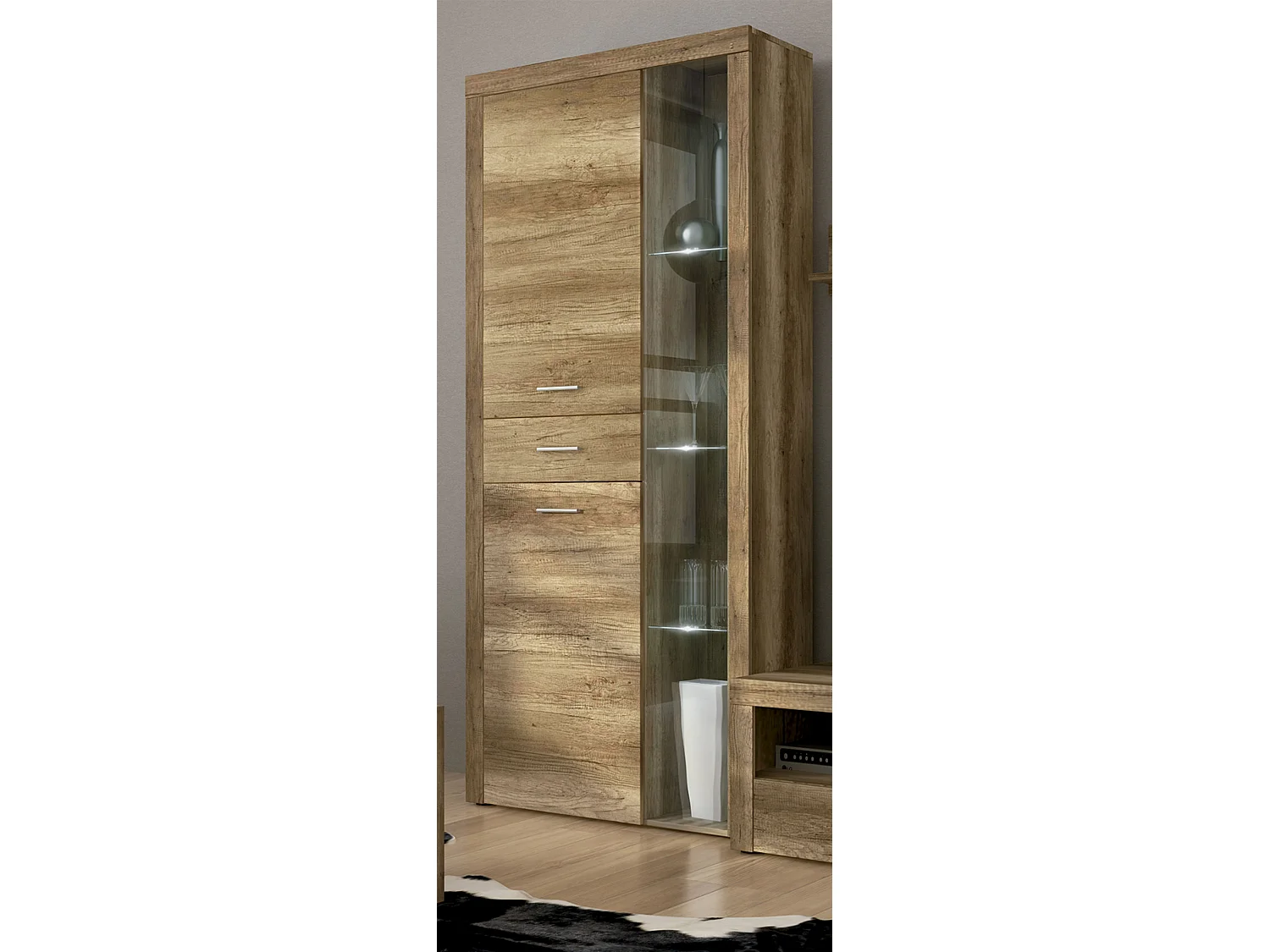 Ensemble de salon meuble TV + 1 étagère murale + vitrine avec LED coloris chêne chêne vieilli