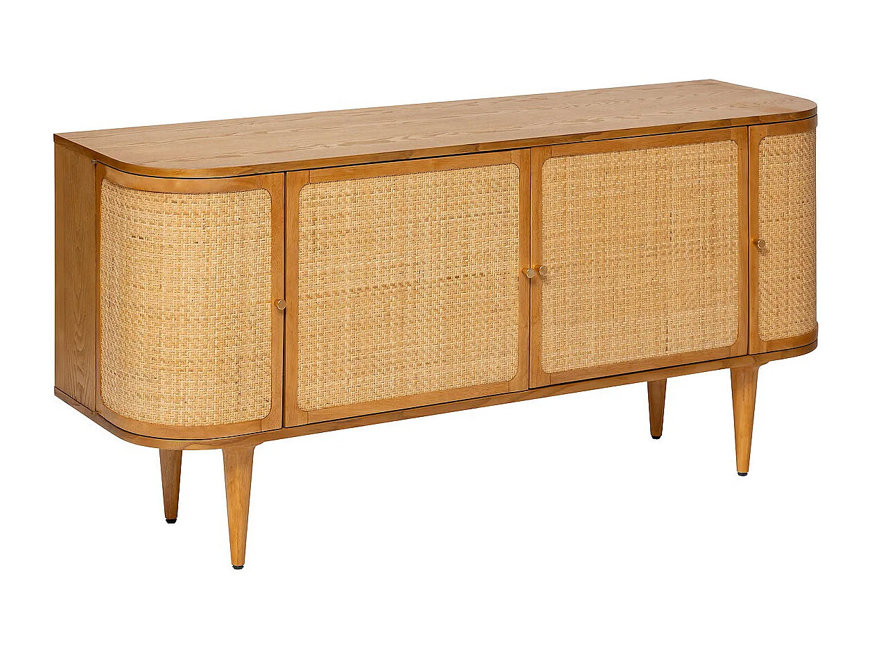 Buffet, meuble de rangement avec 4 portes en bois coloris Miel  - Longueur 150 x Profondeur 45 x Hauteur 75 cm