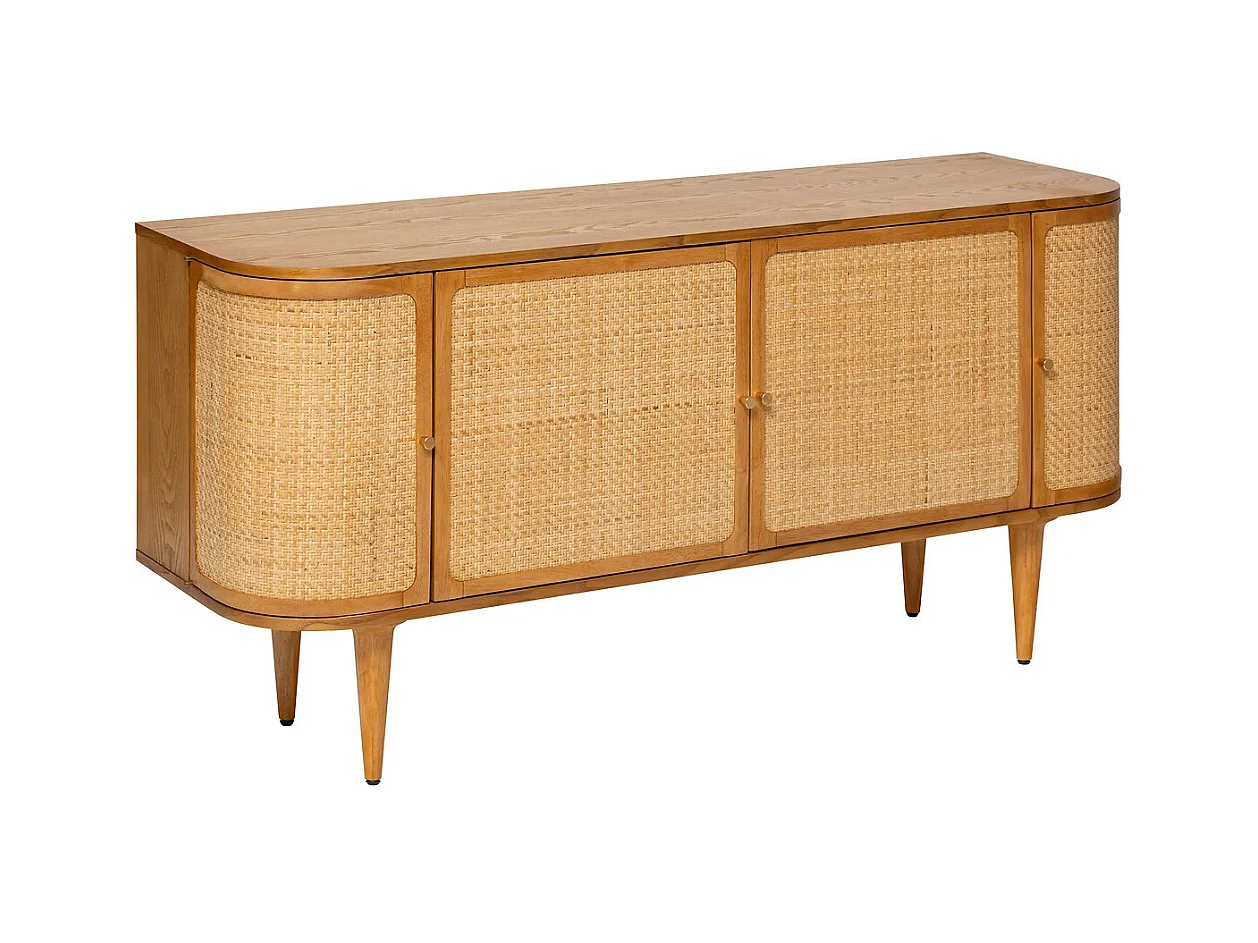 Buffet, meuble de rangement avec 4 portes en bois coloris Miel  - Longueur 150 x Profondeur 45 x Hauteur 75 cm