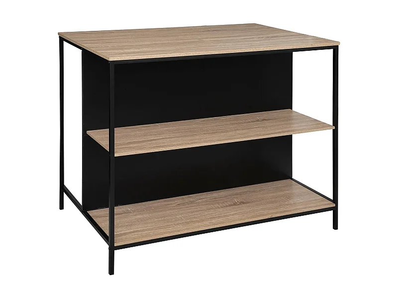Ilot de cuisine, Meuble de cuisine en bois coloris naturel et métal noir - Longueur 95 x Profondeur 70 x Hauteur 115 cm
