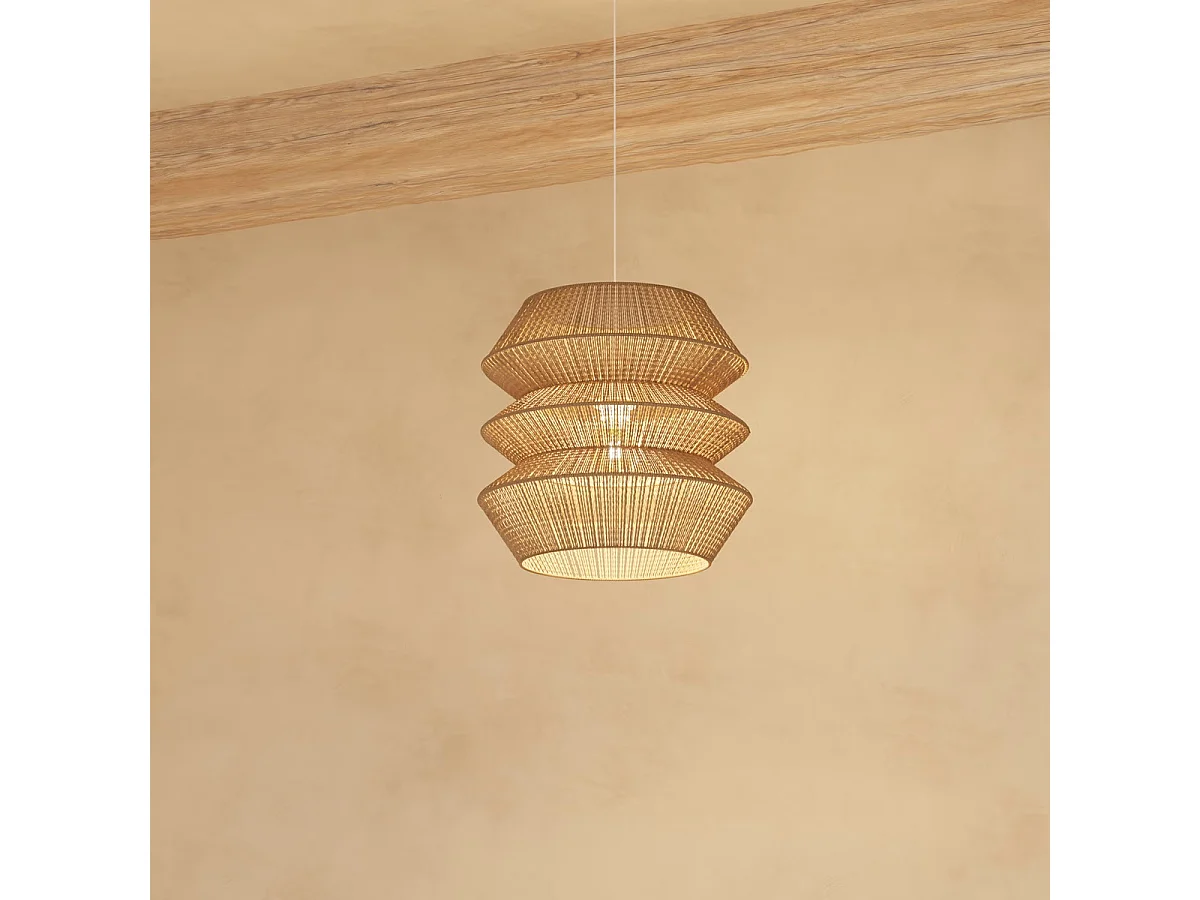 Lampe suspendue, Suspension luminaire en bois coloris beige et métal blanc - diamètre 38 x Hauteur 37,50 cm