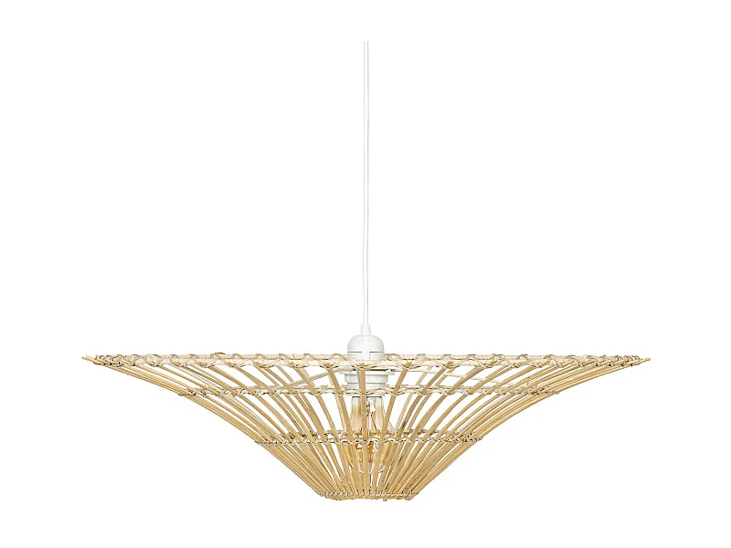 Lampe suspendue, Suspension luminaire ronde en bois coloris beige et métal blanc - diamètre 56 x Hauteur 98 cm
