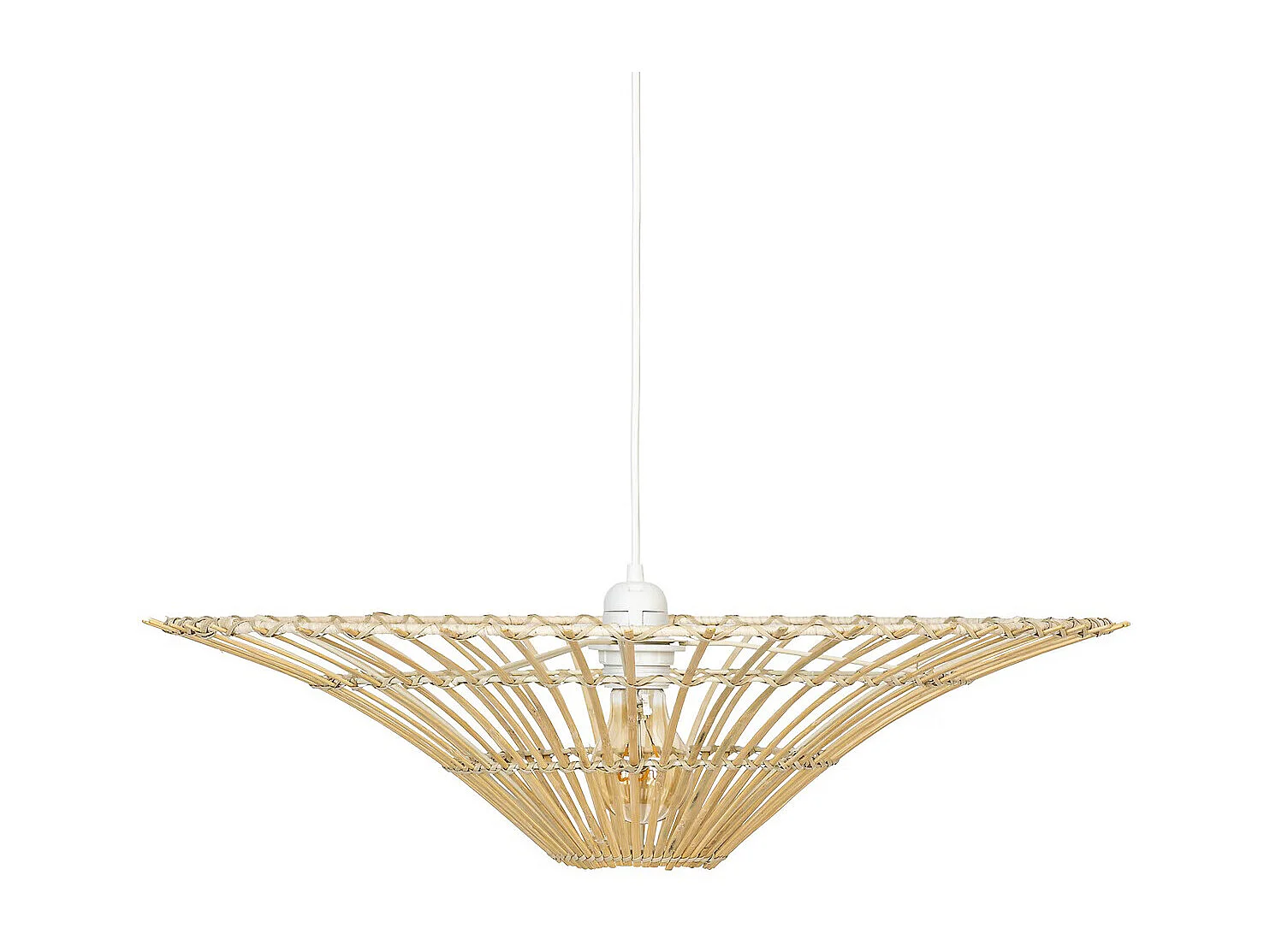 Lampe suspendue, Suspension luminaire ronde en bois coloris beige et métal blanc - diamètre 56 x Hauteur 98 cm