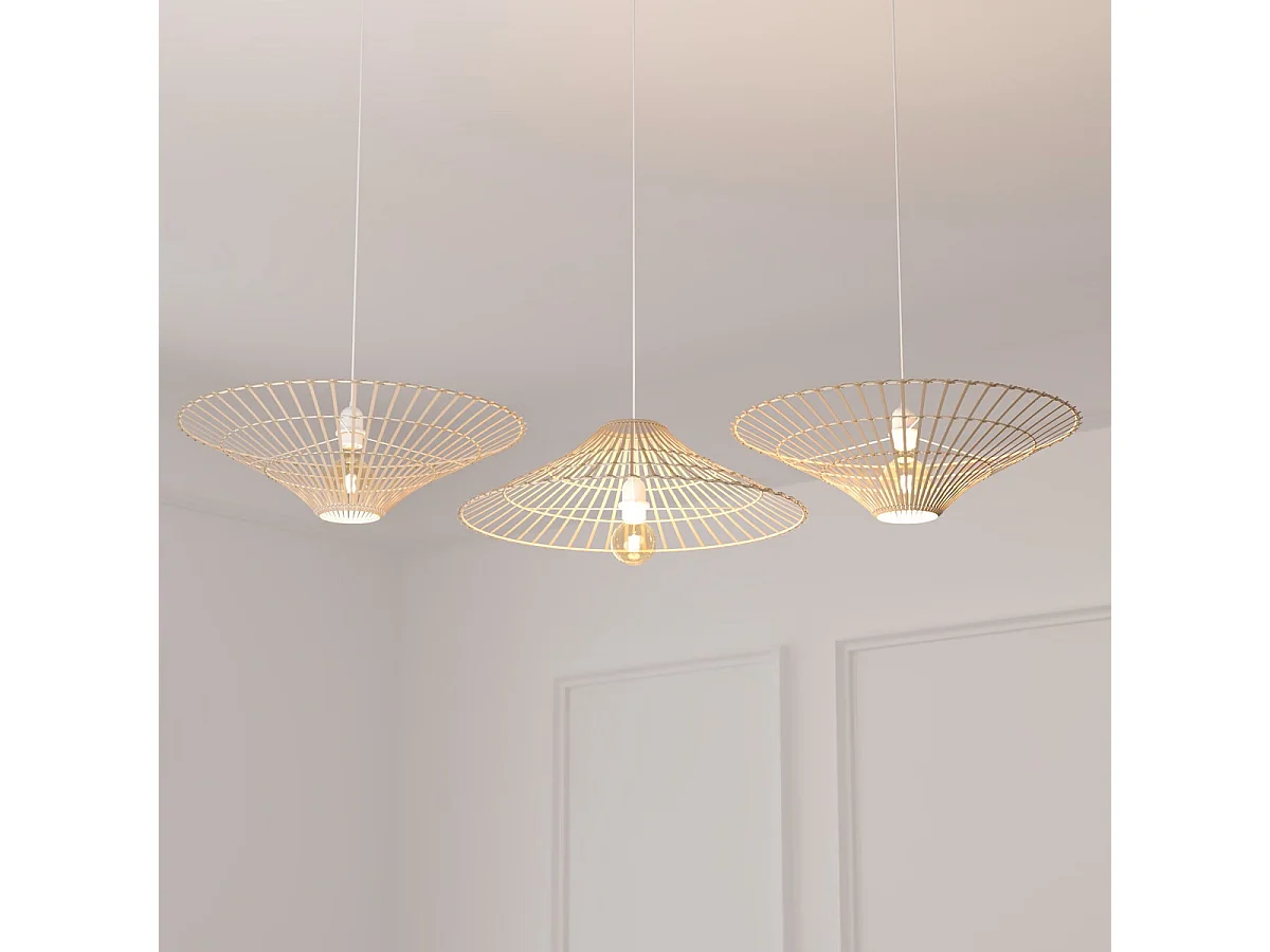 Lampe suspendue, Suspension luminaire ronde en bois coloris beige et métal blanc - diamètre 56 x Hauteur 98 cm