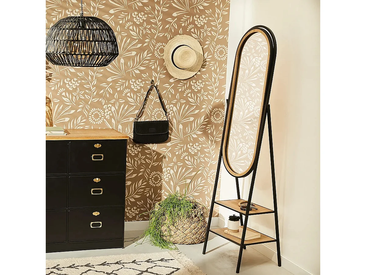 Miroir sur pied en bois et métal coloris naturel et noir  - Longueur 44,5 x Profondeur 36 x Hauteur 160 cm