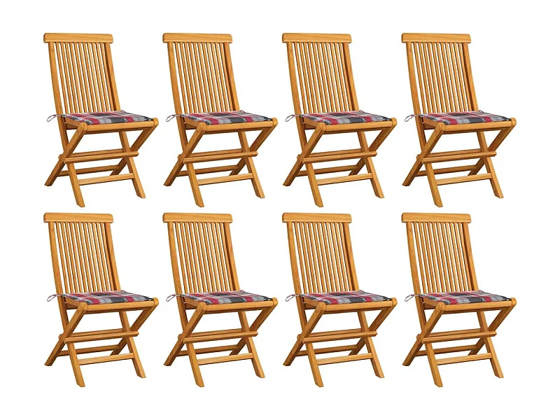 Gartenstühle mit Kissen im Fliesenmuster, 8 Stück, massives Teakholz