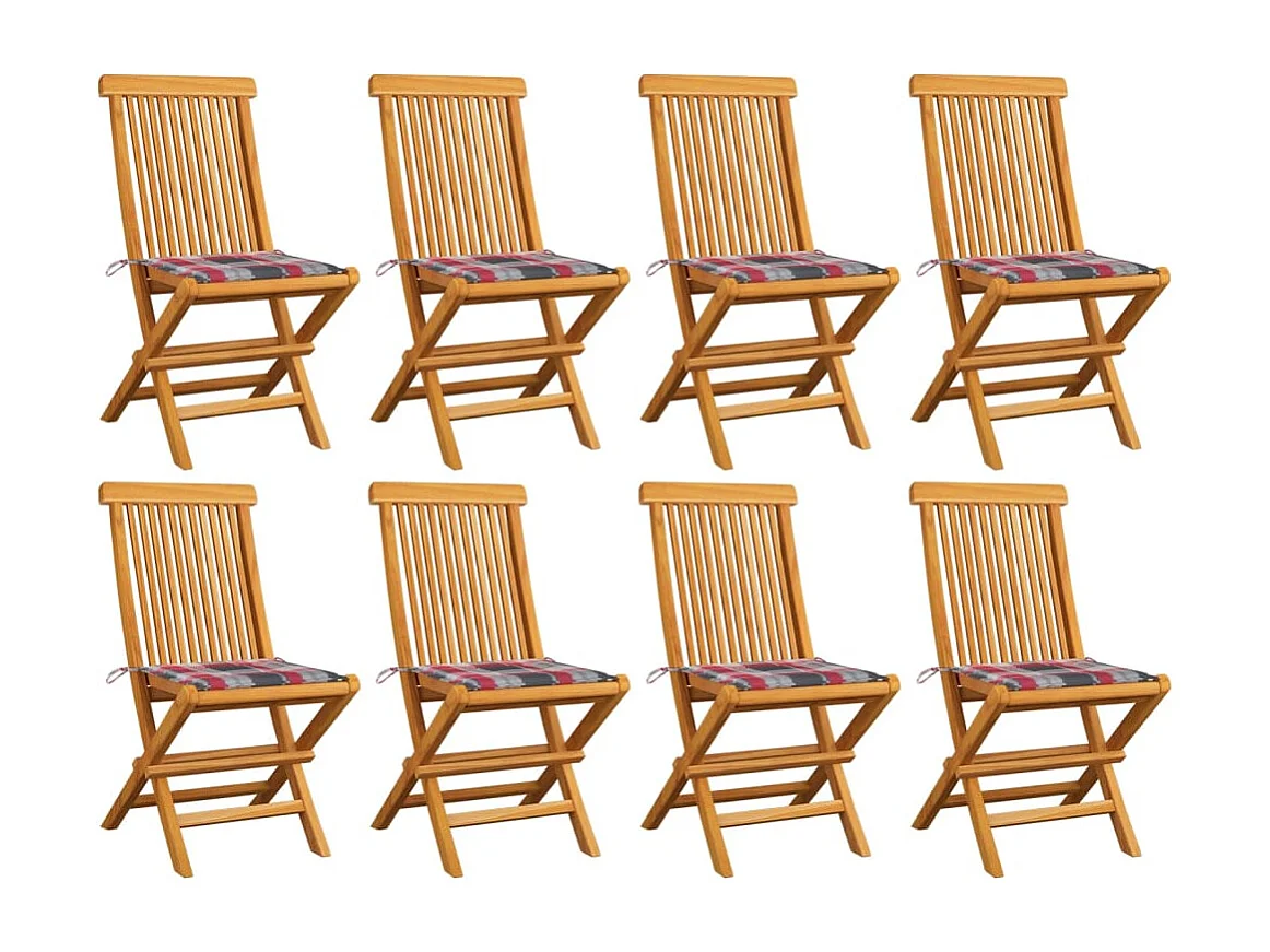 Gartenstühle mit Kissen im Fliesenmuster, 8 Stück, massives Teakholz