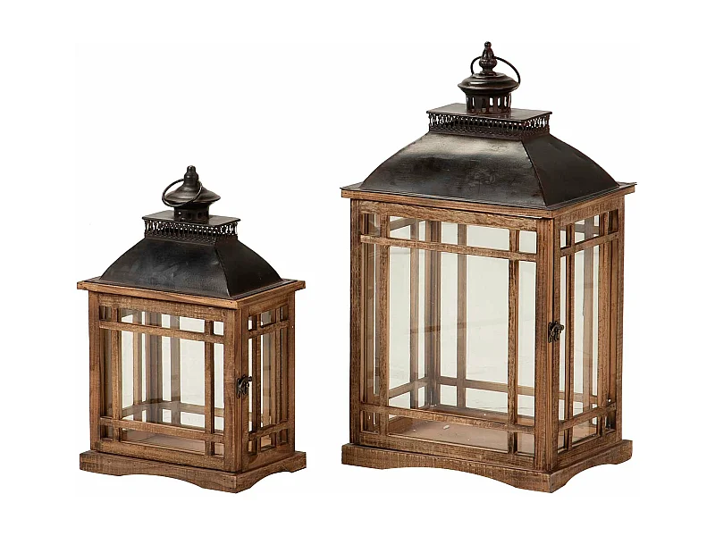 Set 2 Faroles Madera Marron 33x25x60 26x18x43 Cm