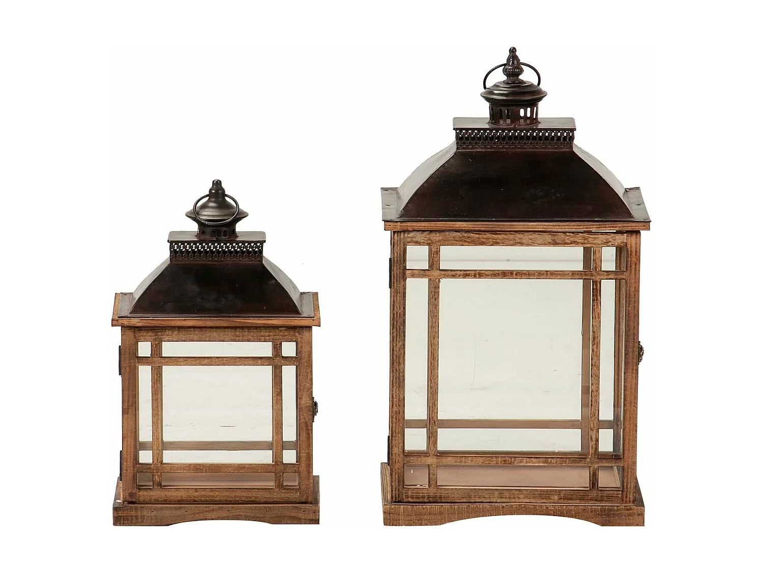 Set 2 Faroles Madera Marron 33x25x60 26x18x43 Cm