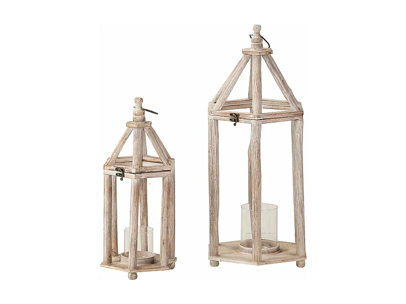 Set 2 Faroles Madera Beige 29x25x64 20x17x46 Cm