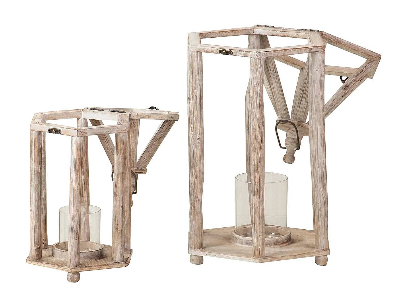 Set 2 Faroles Madera Beige 29x25x64 20x17x46 Cm