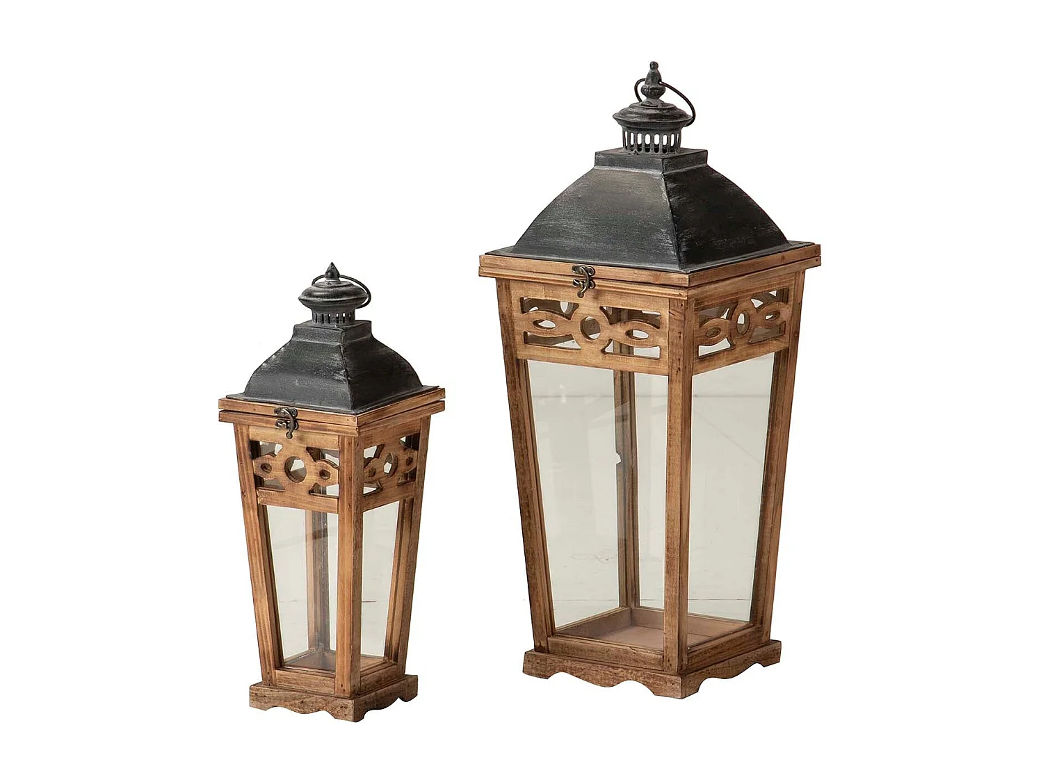 Set 2 Faroles Madera Marron 26x26x68 18x18x45 Cm