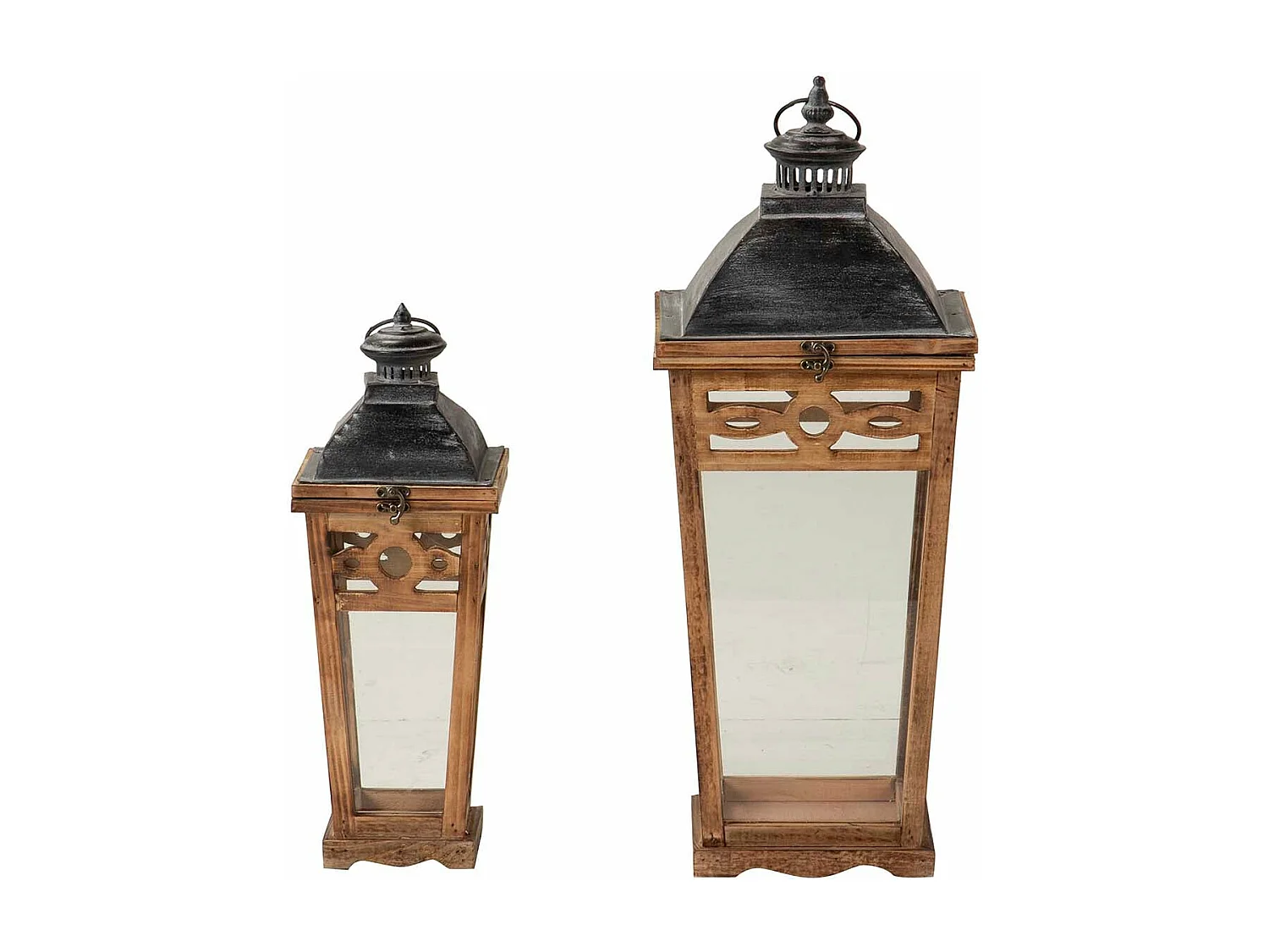 Set 2 Faroles Madera Marron 26x26x68 18x18x45 Cm