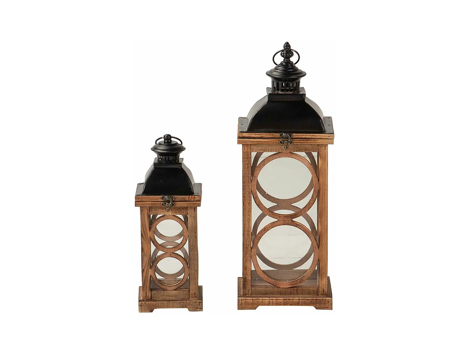 Set 2 Faroles Madera Marron 20x20x59 14x14x40 Cm