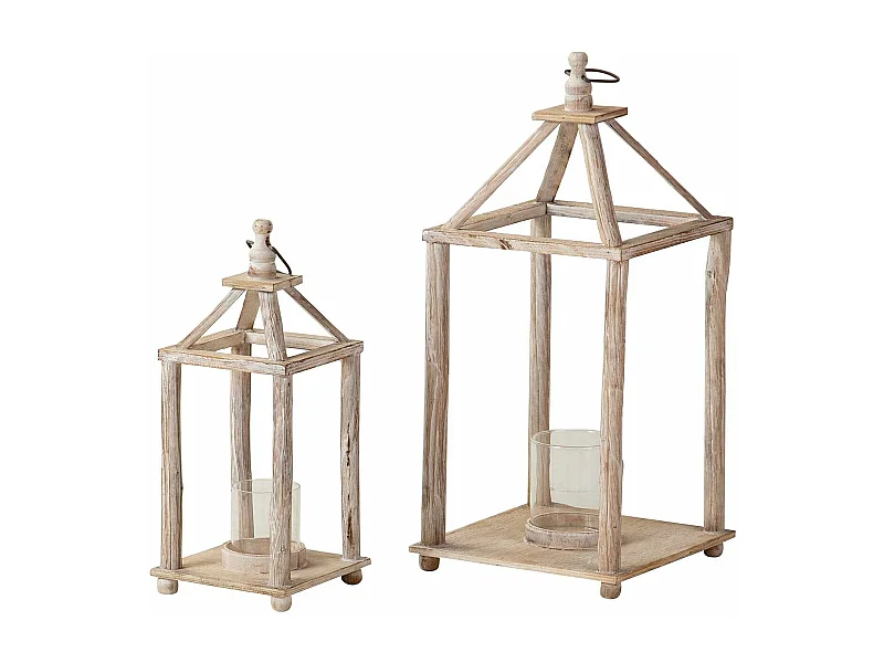 Set 2 Faroles Madera Beige 26x26x60 17x17x42 Cm