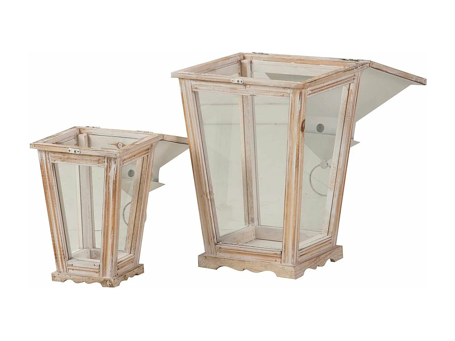 Set 2 Faroles Madera Beige 30x30x65 20x20x46 Cm