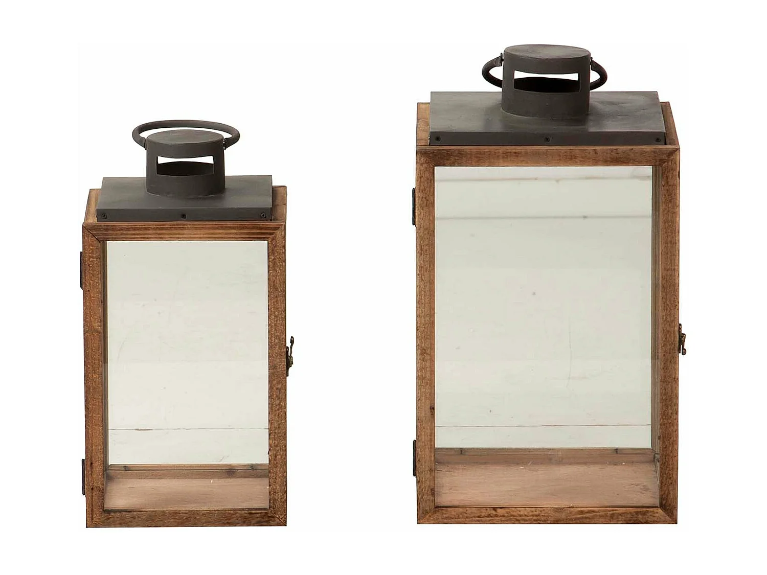 Set 2 Faroles Madera Marron 27x27x48 20x20x40 Cm