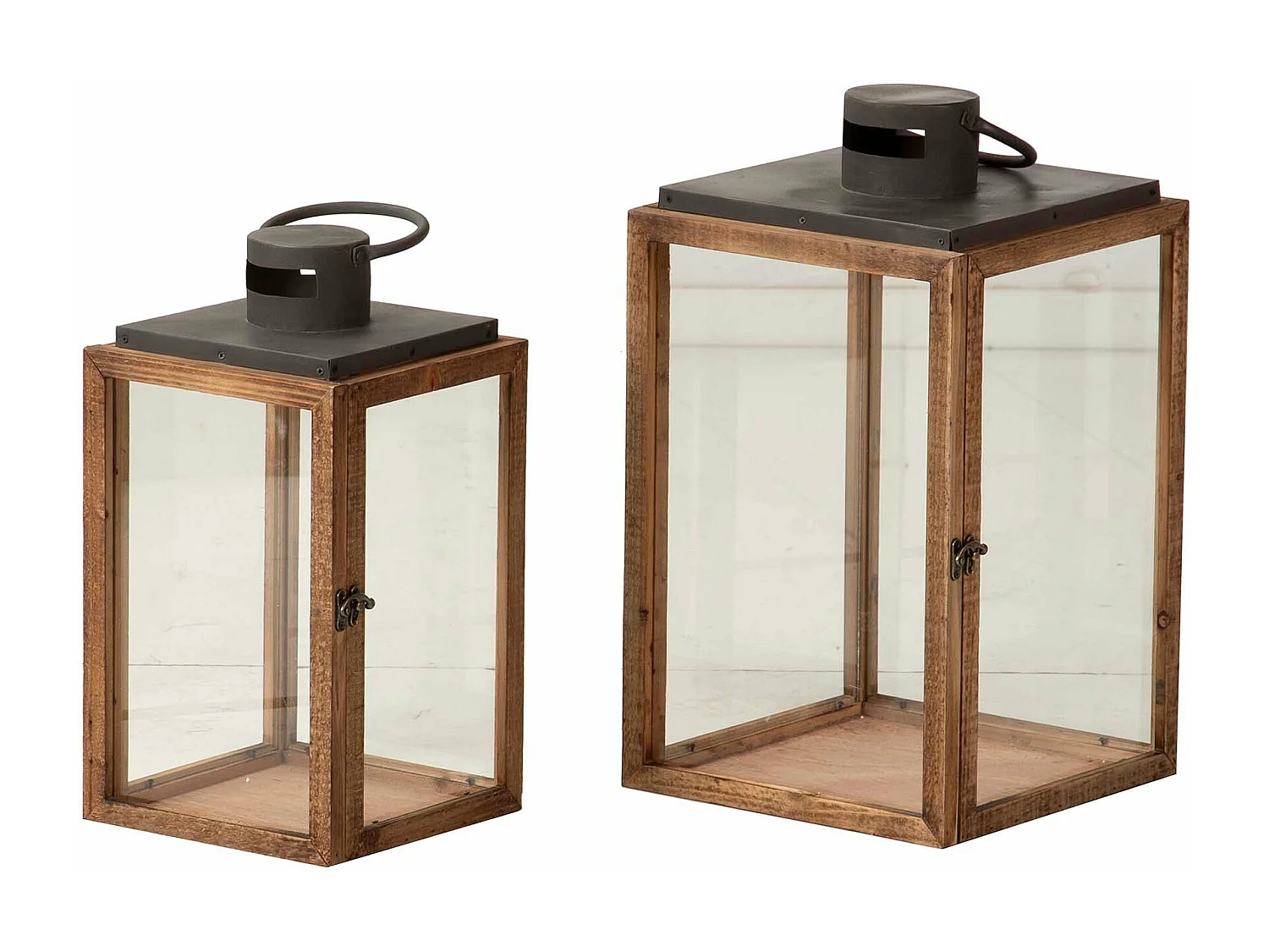 Set 2 Faroles Madera Marron 27x27x48 20x20x40 Cm