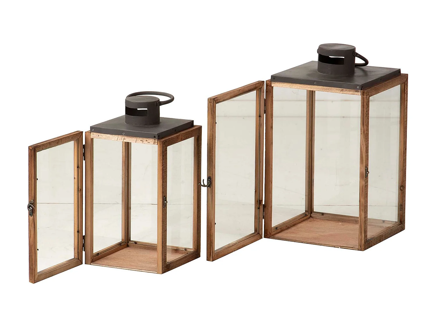 Set 2 Faroles Madera Marron 27x27x48 20x20x40 Cm