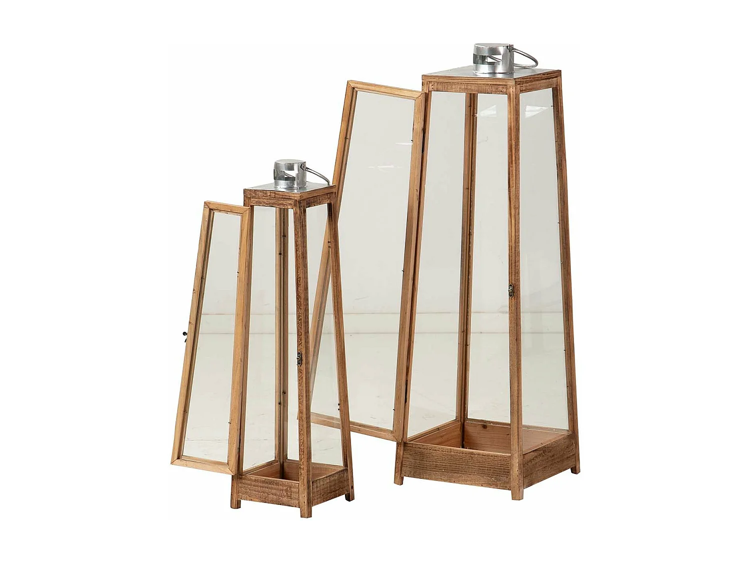 Set 2 Faroles Madera Marron 29x29x90 18x18x69 Cm