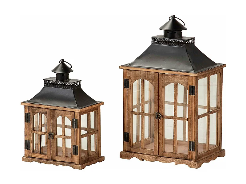 Set 2 Faroles Madera Marron 35x25x60 28x18x43 Cm