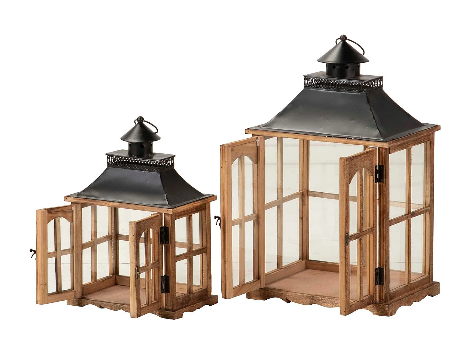 Set 2 Faroles Madera Marron 35x25x60 28x18x43 Cm