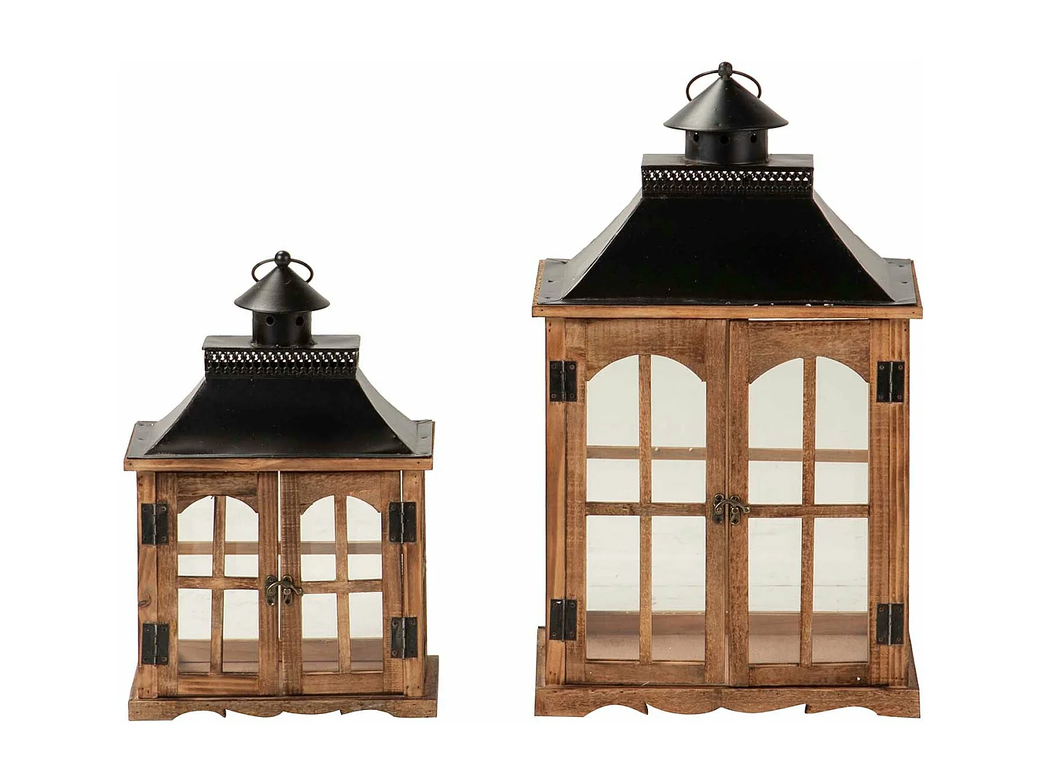 Set 2 Faroles Madera Marron 35x25x60 28x18x43 Cm