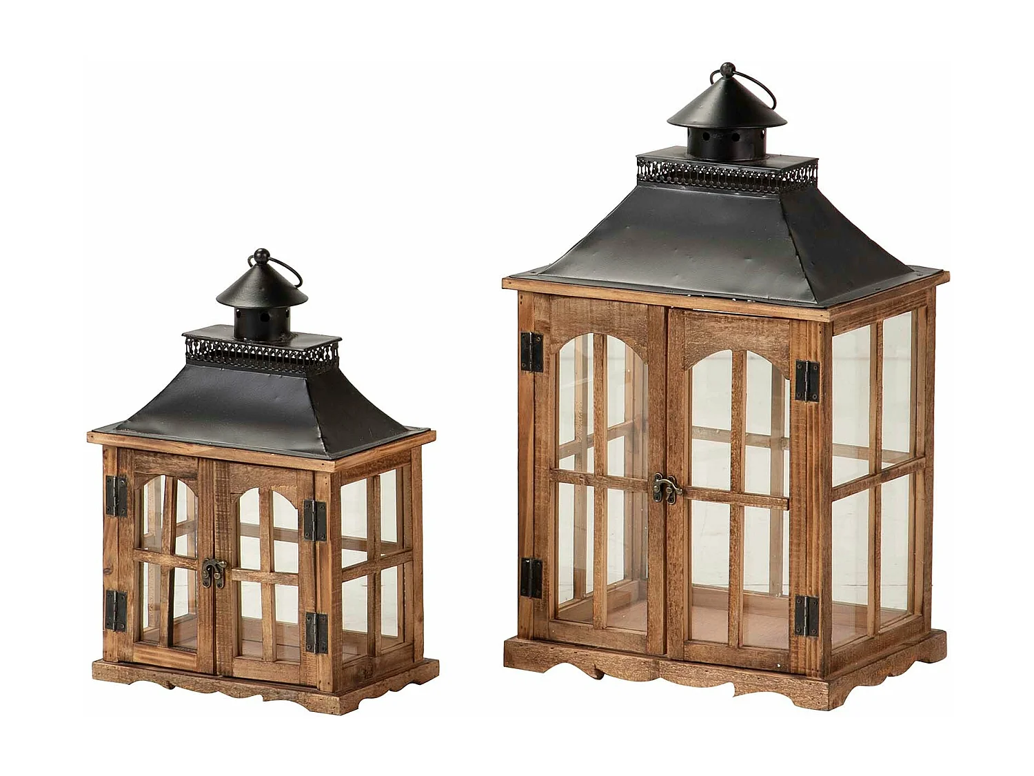 Set 2 Faroles Madera Marron 35x25x60 28x18x43 Cm