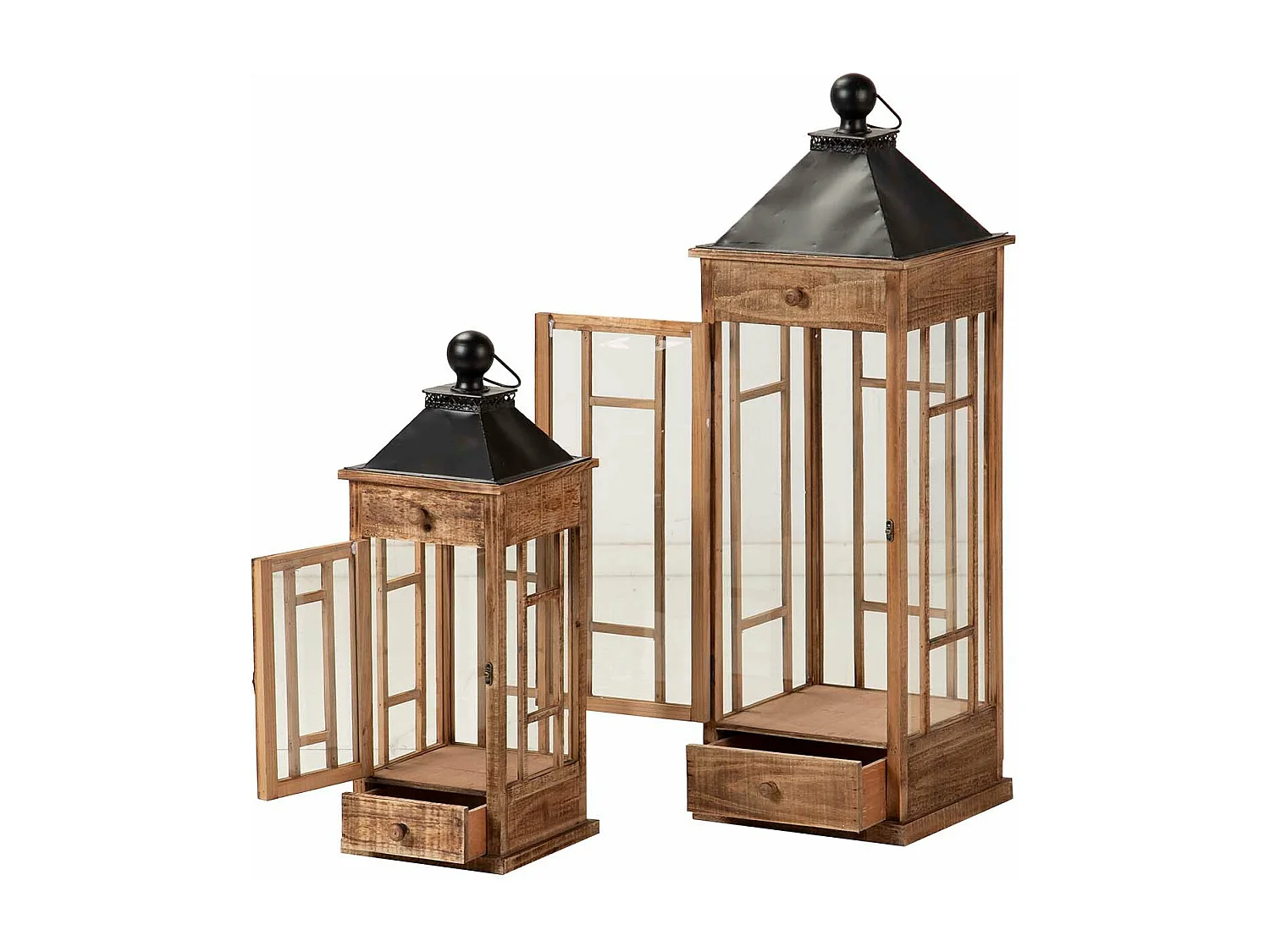 Set 2 Faroles Madera Marron 30x30x94 23x23x64 Cm