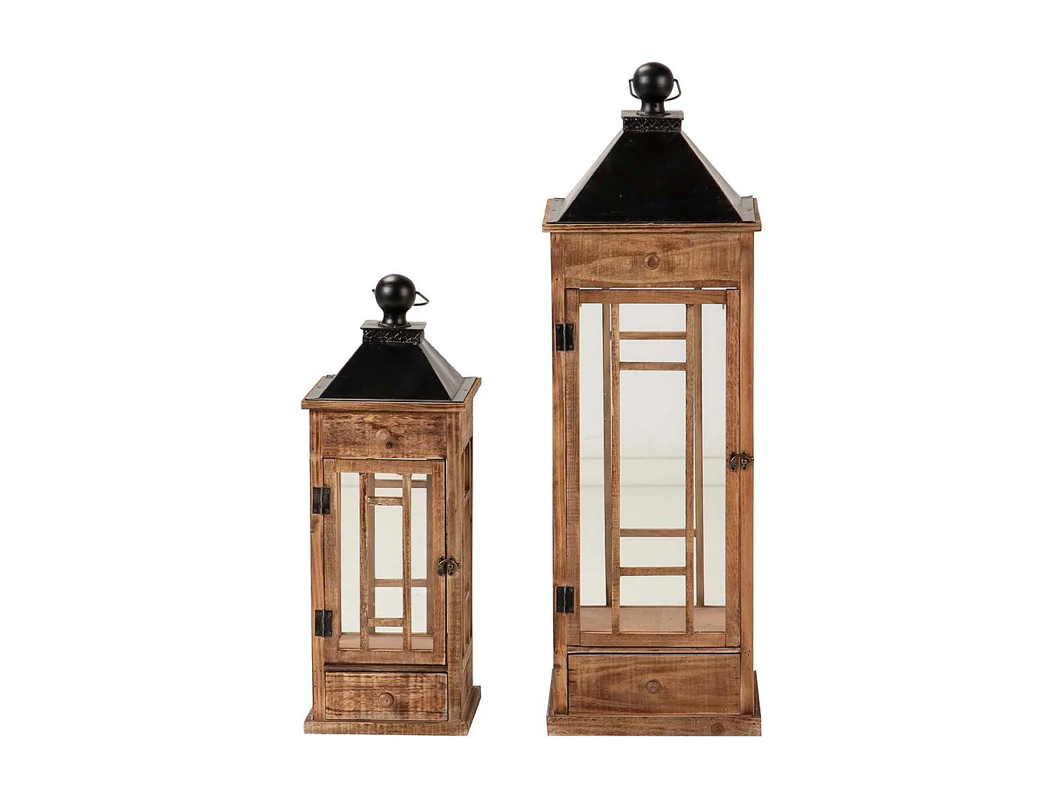 Set 2 Faroles Madera Marron 30x30x94 23x23x64 Cm