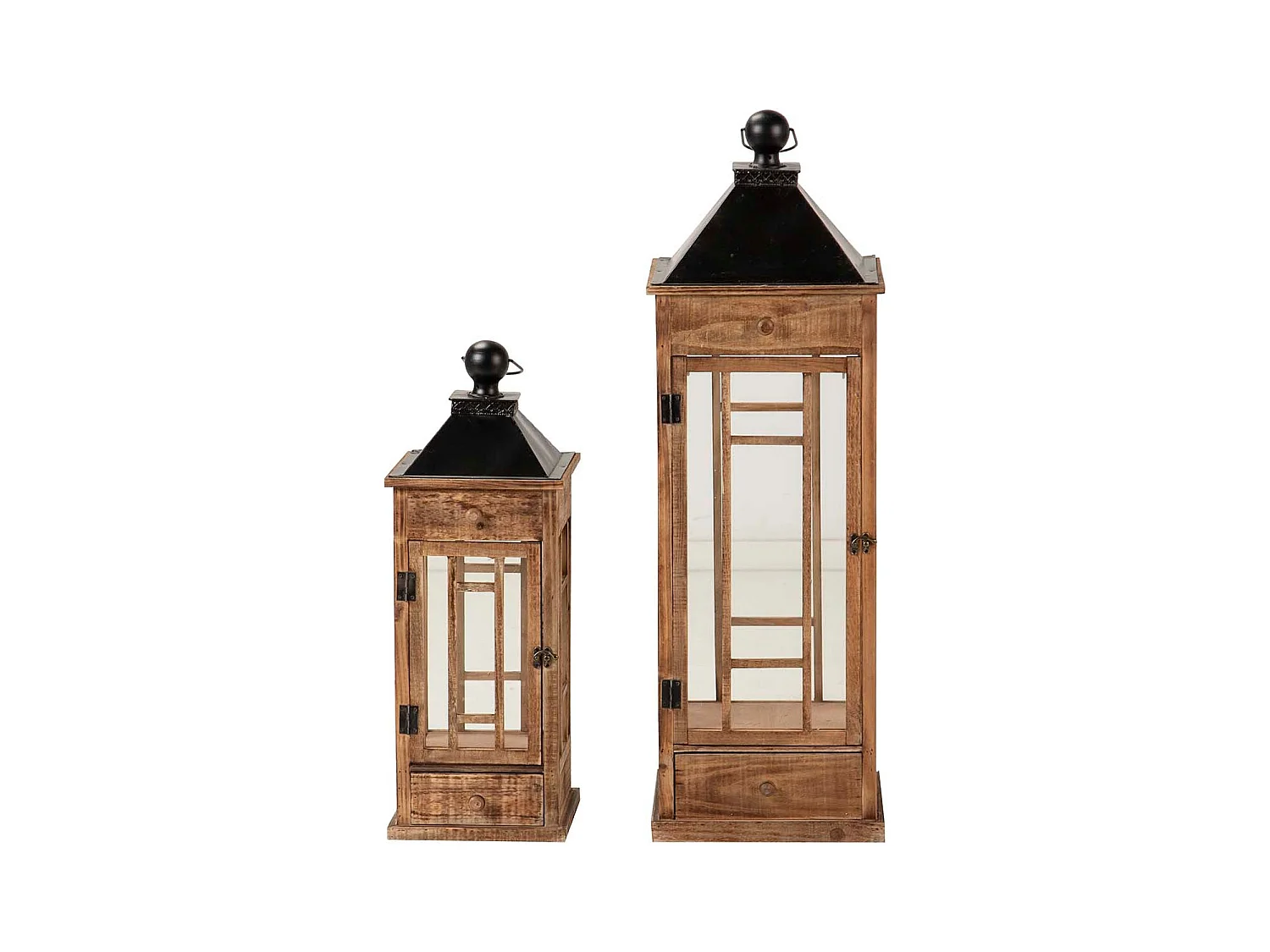 Set 2 Faroles Madera Marron 30x30x94 23x23x64 Cm