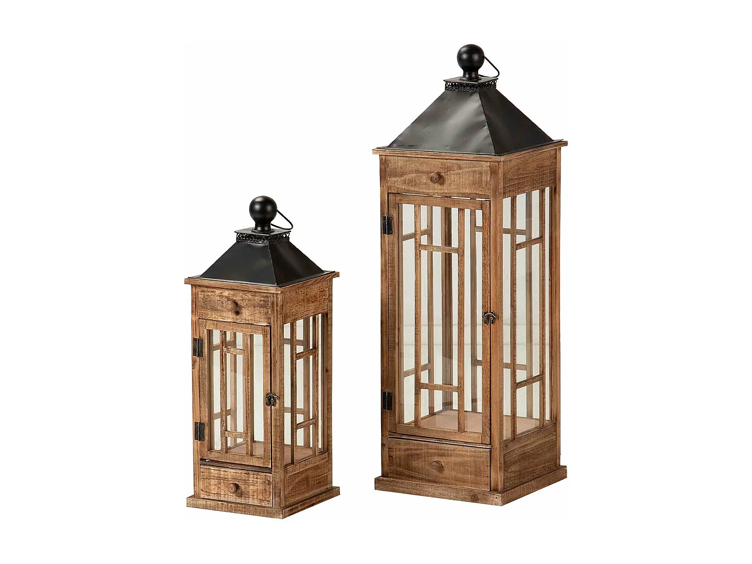 Set 2 Faroles Madera Marron 30x30x94 23x23x64 Cm