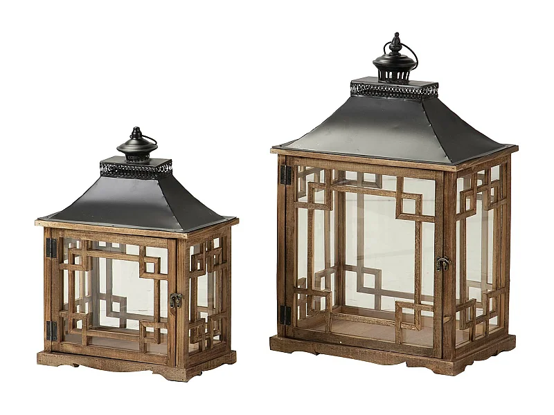 Set 2 Faroles Madera Marron 41x27x61 34x20x46 Cm