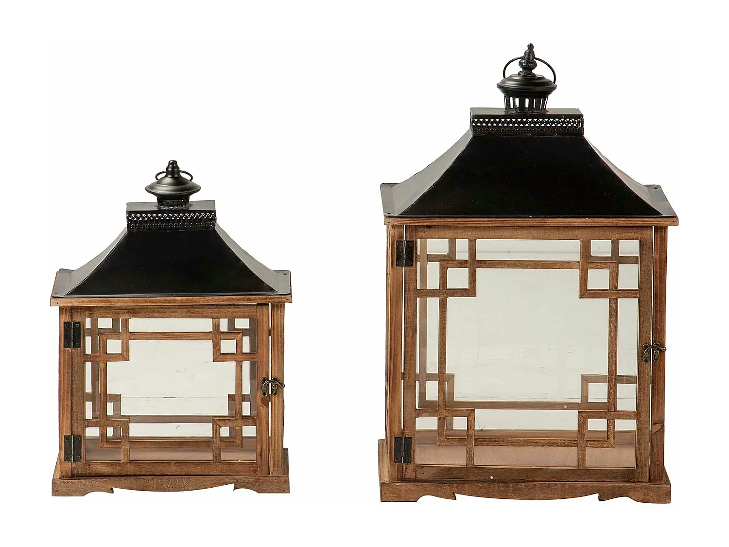 Set 2 Faroles Madera Marron 41x27x61 34x20x46 Cm