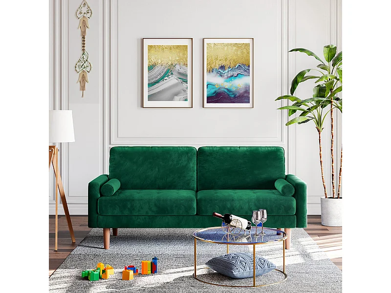 Canapé droit en Velours vert et bois massif - 3 places - charge max 300kg - 176x78x85cm