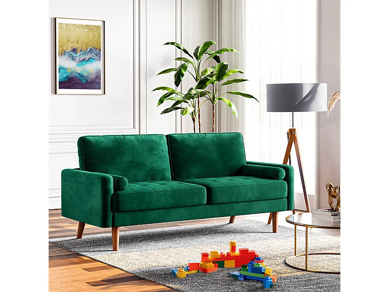 Canapé droit en Velours vert et bois massif - 3 places - charge max 300kg - 176x78x85cm