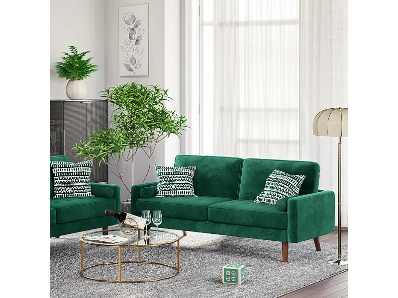 Canapé droit en Velours vert et bois massif - 3 places - charge max 300kg - 176x78x85cm