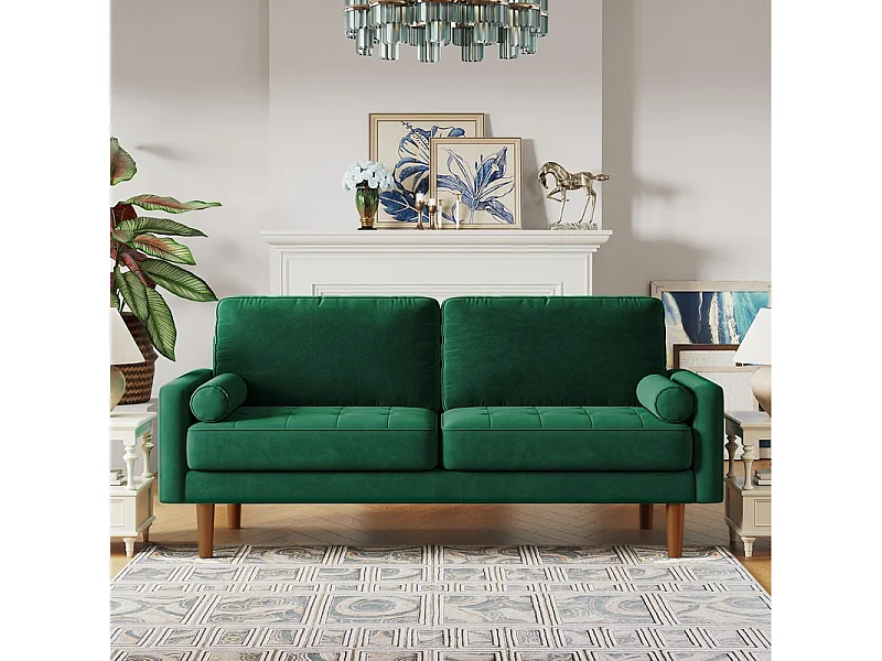 Canapé droit en Velours vert et bois massif - 3 places - charge max 300kg - 176x78x85cm