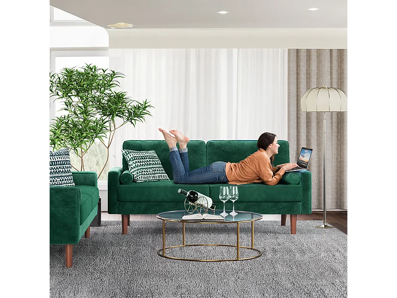 Canapé droit en Velours vert et bois massif - 3 places - charge max 300kg - 176x78x85cm