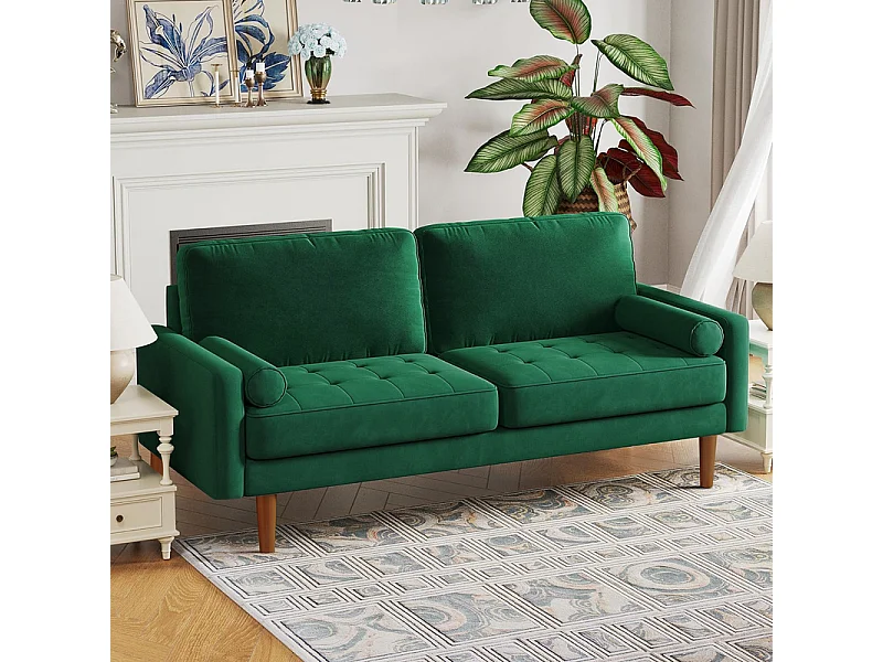 Canapé droit en Velours vert et bois massif - 3 places - charge max 300kg - 176x78x85cm