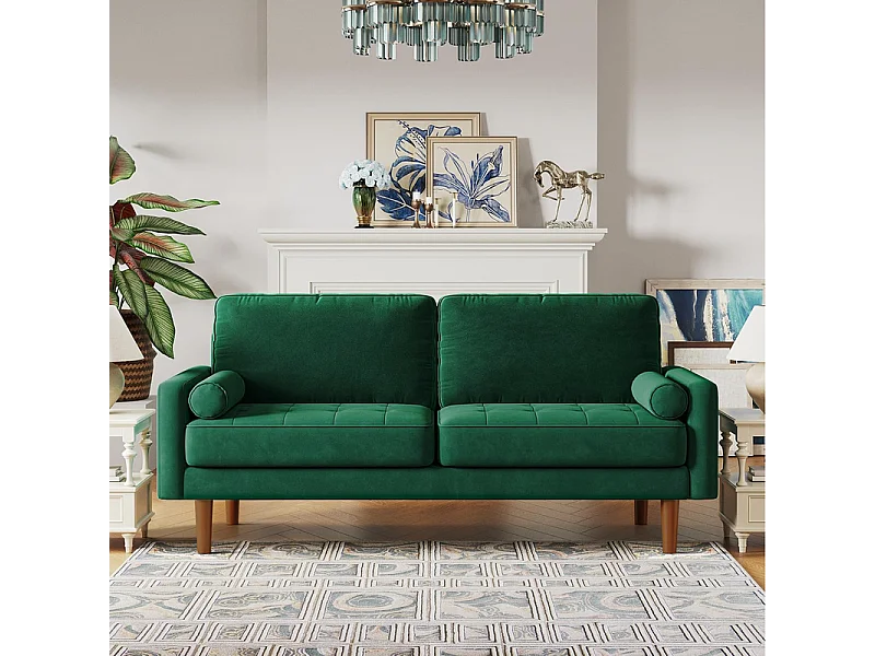 Canapé droit en Velours vert et bois massif - 3 places - charge max 300kg - 176x78x85cm