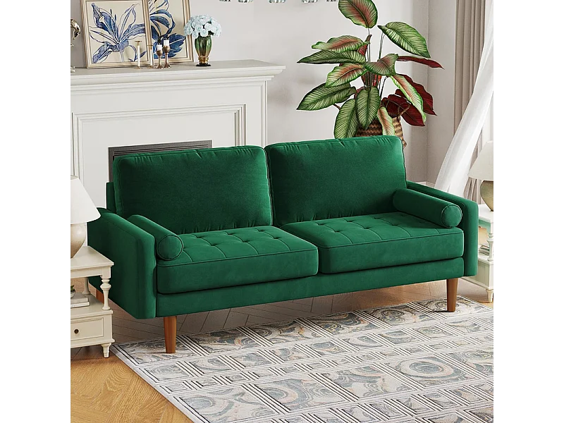 Canapé droit en Velours vert et bois massif - 3 places - charge max 300kg - 176x78x85cm