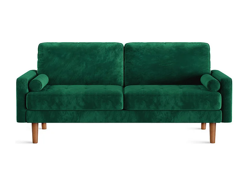 Scandinavische 3-zitsbank van fluweel, gewatteerde armleuningen, massief houten poten, groen, 173x77x86cm