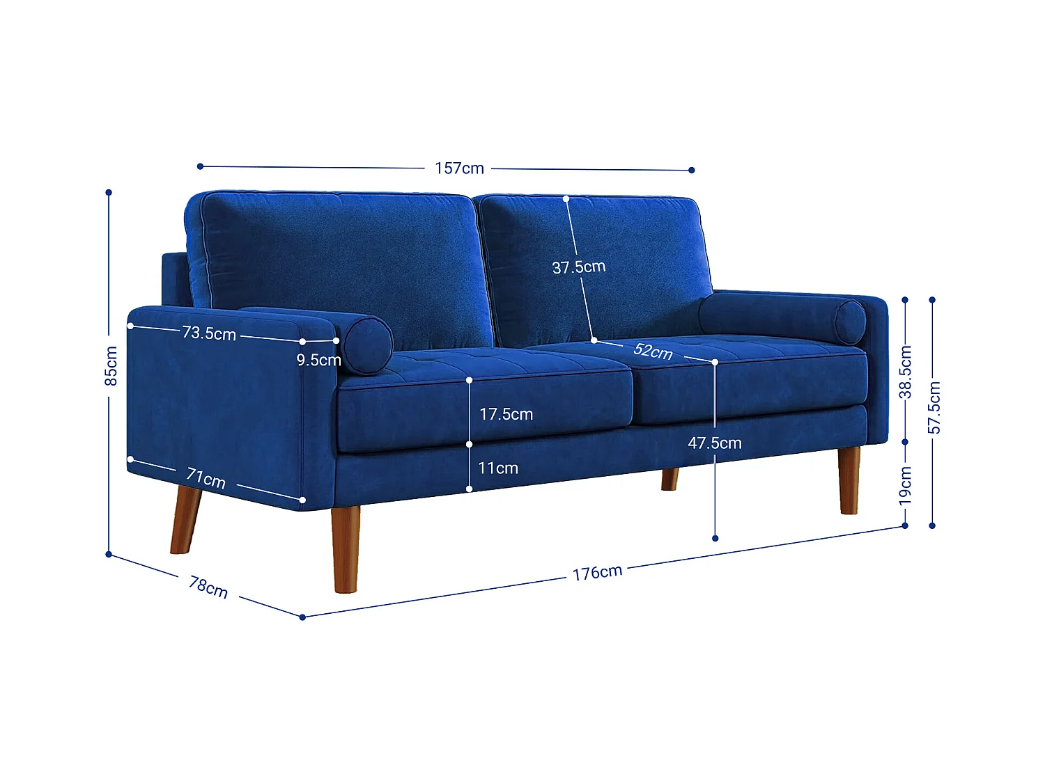 Canapé droit en Velours bleu et bois massif - 3 places - charge max 300kg - 176x78x85cm