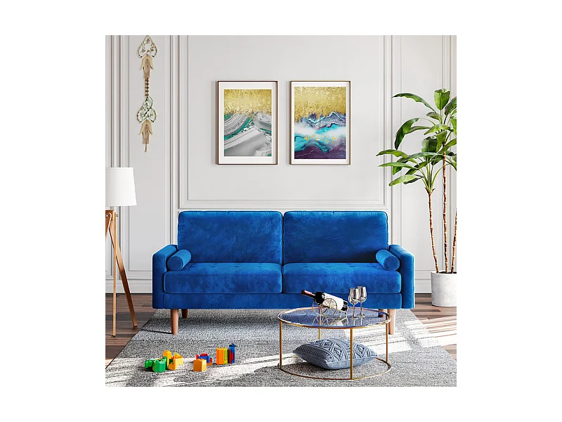 Canapé droit en Velours bleu et bois massif - 3 places - charge max 300kg - 176x78x85cm