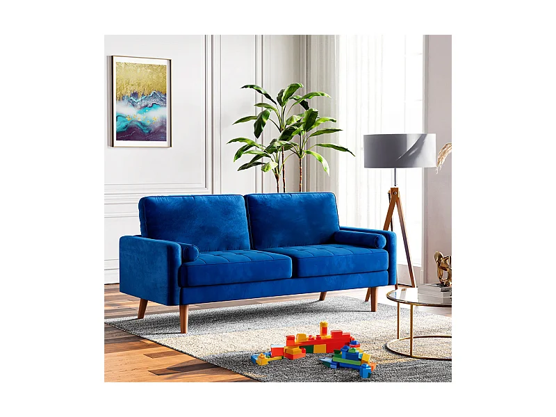 Canapé droit en Velours bleu et bois massif - 3 places - charge max 300kg - 176x78x85cm