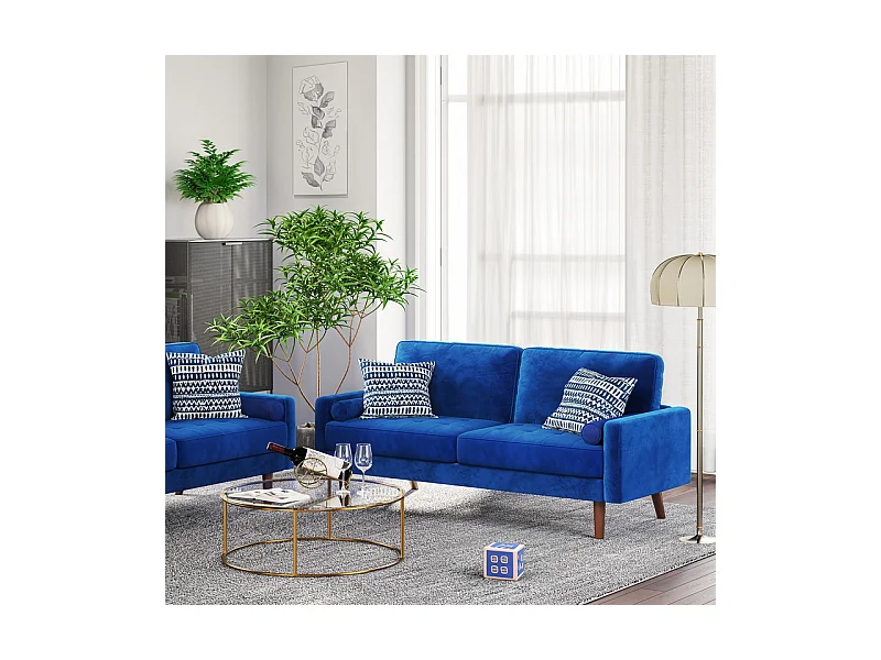 Canapé droit en Velours bleu et bois massif - 3 places - charge max 300kg - 176x78x85cm