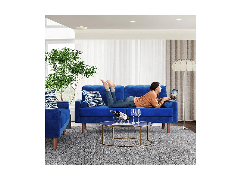 Canapé droit en Velours bleu et bois massif - 3 places - charge max 300kg - 176x78x85cm