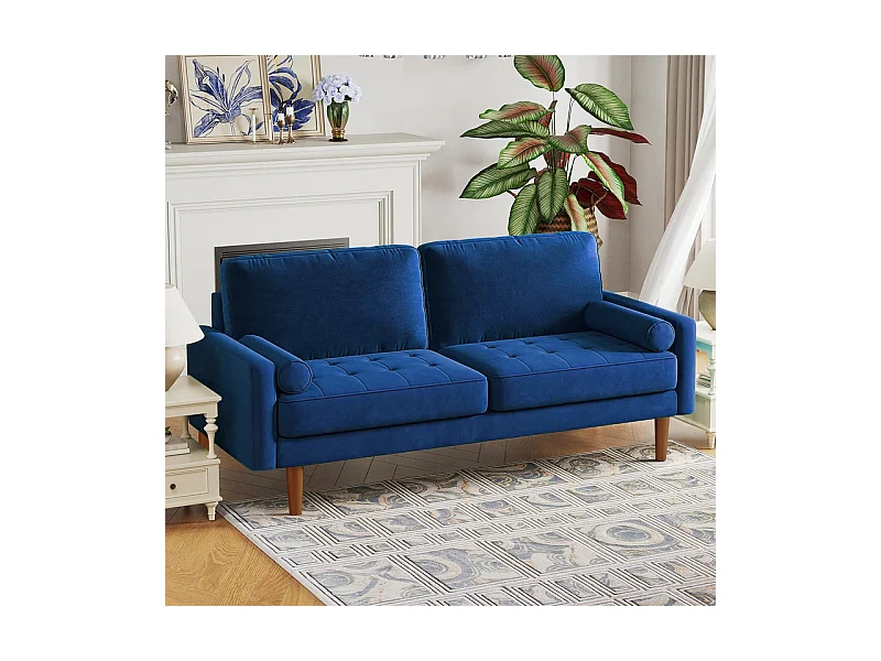 Canapé droit en Velours bleu et bois massif - 3 places - charge max 300kg - 176x78x85cm