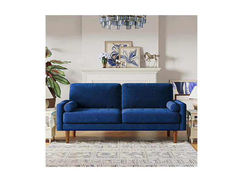 Canapé droit en Velours bleu et bois massif - 3 places - charge max 300kg - 176x78x85cm